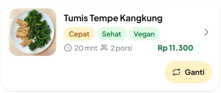 Kartu menu Tumis Tempe Kangkung Rp 11.300 dengan tombol Ganti