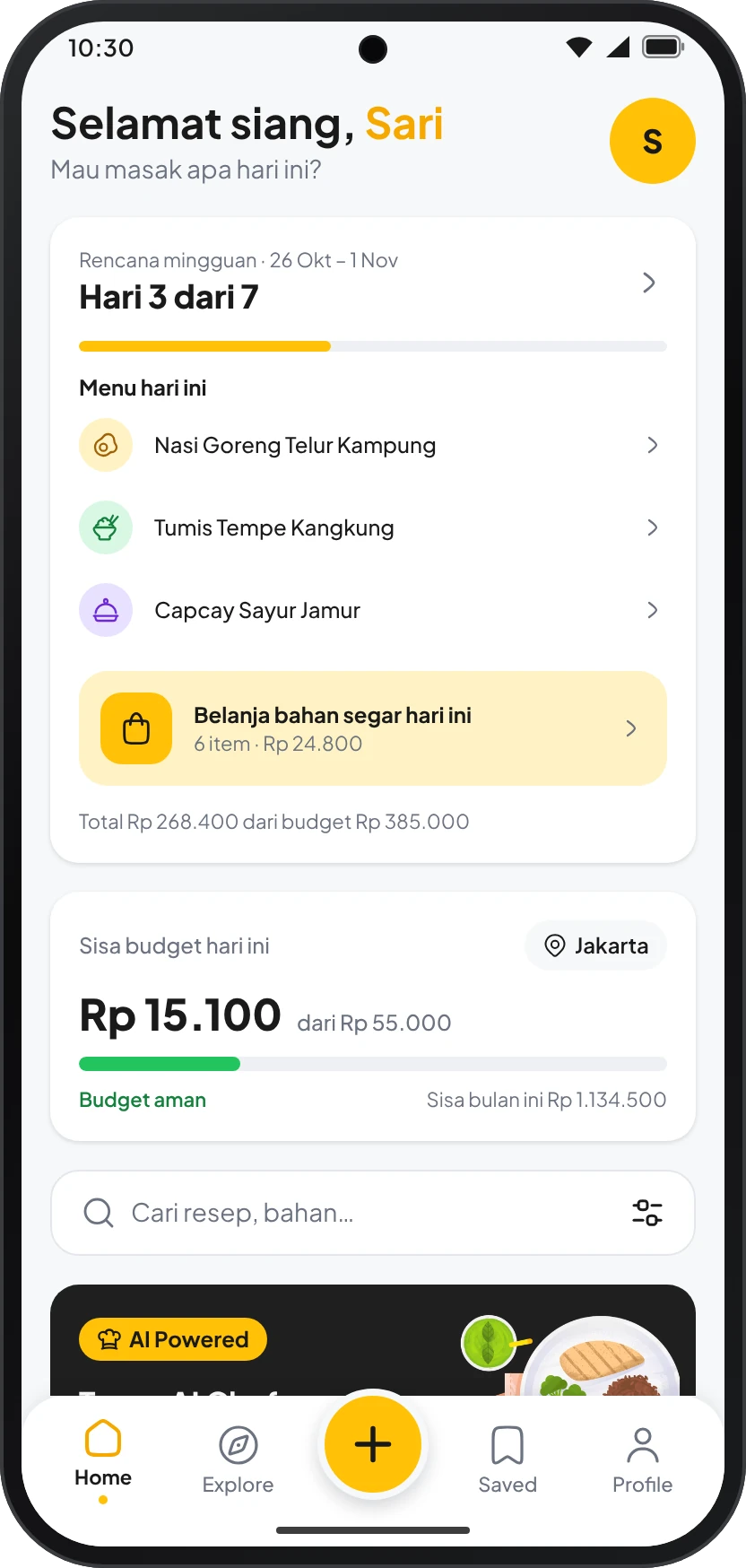 Beranda Dapur Hemat AI: rencana menu mingguan, menu hari ini, dan sisa budget hari ini