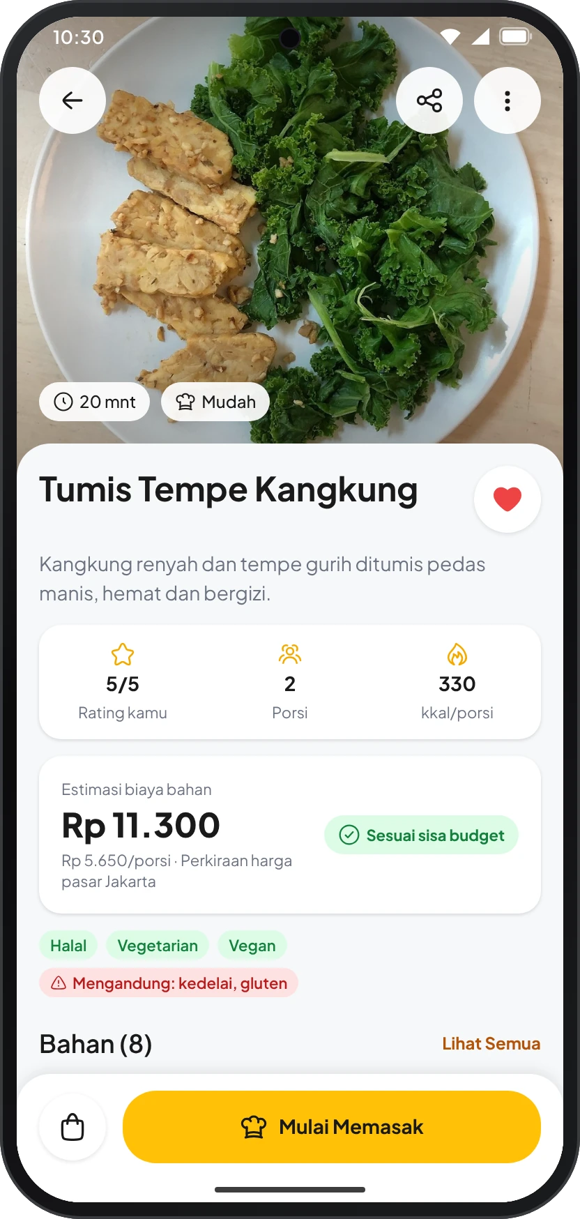 Detail resep Tumis Tempe Kangkung dengan estimasi biaya Rp 11.300 dan label diet